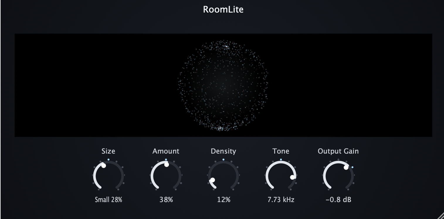RoomLite plug-in interface — Size, Amount, Density, Tone, and Output Gain knobs around a dot-sphere visualisation